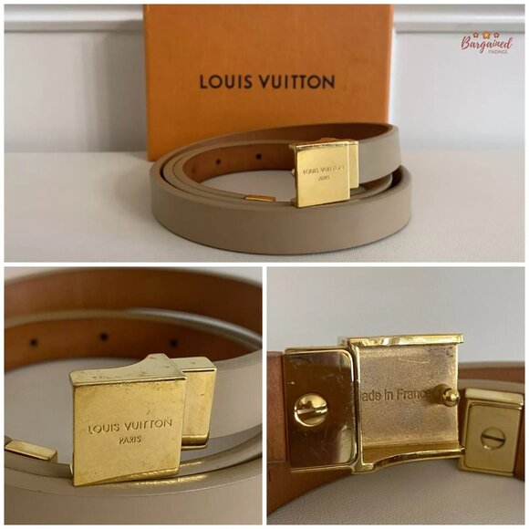 Authentic Louis Vuitton Beige Leather Ceinture Carre Gold Buckle Skinny Belt 32 main image 7